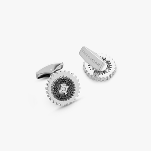 Rotating Gear cufflinks with black diamond in sterling silver