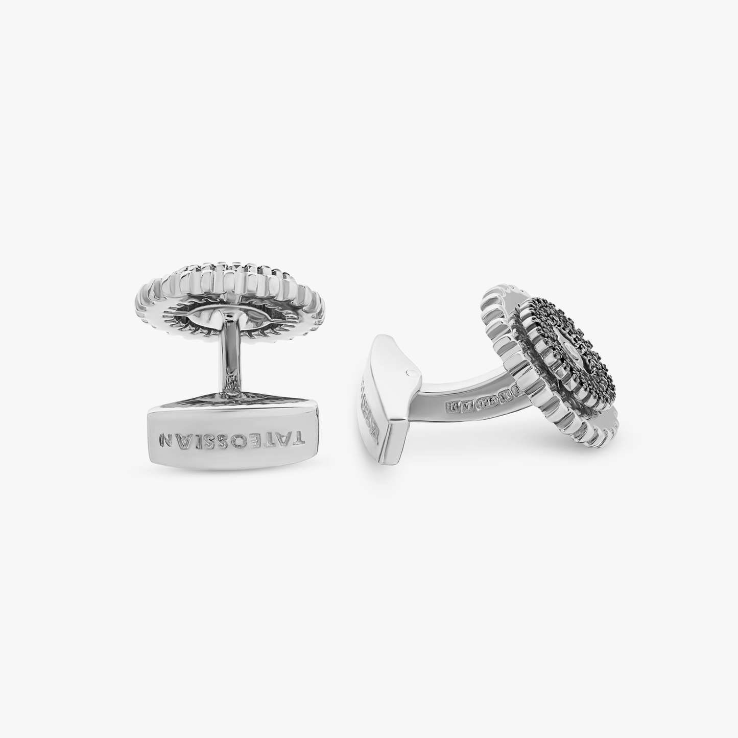 Rotating Gear cufflinks with black diamond in sterling silver