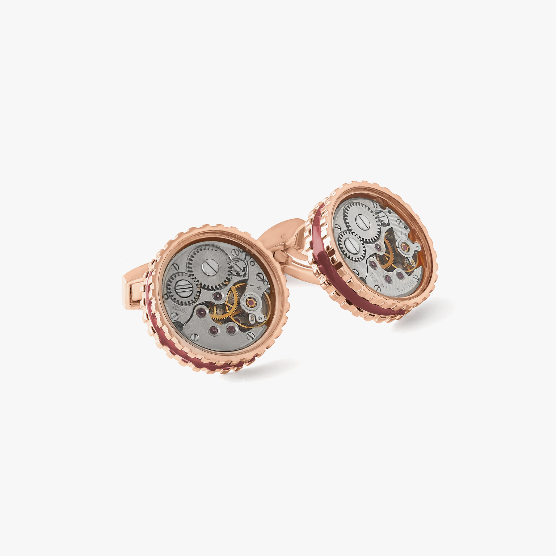 Round Skeleton Gear cufflinks burgundy enamel plated stainless steel