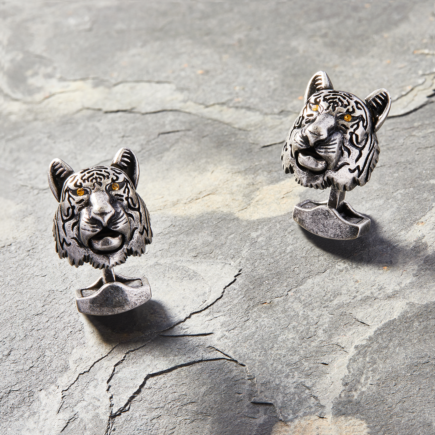 Oxidised Silver Tiger Mechanical Cufflinks With Orange Swarovski Elements