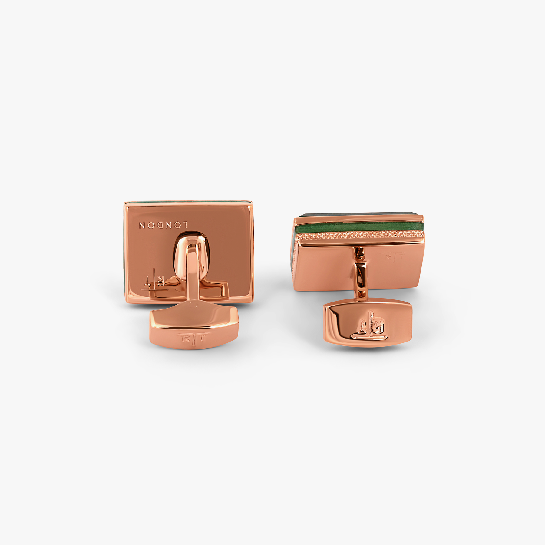 Rectangular Erinite cufflinks in green with rose gold plating, featuring emerald-cut crystal and turquoise enamel detail with diamond pattern.