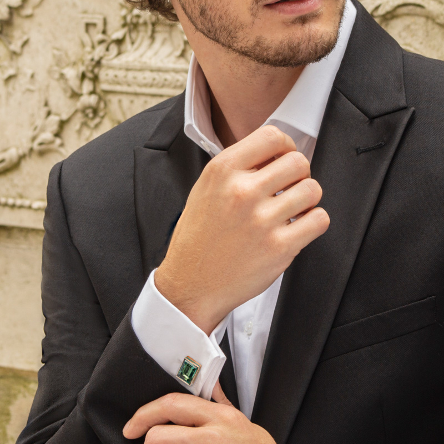 Rectangular Erinite Cufflinks In Green With Rose Gold Plated