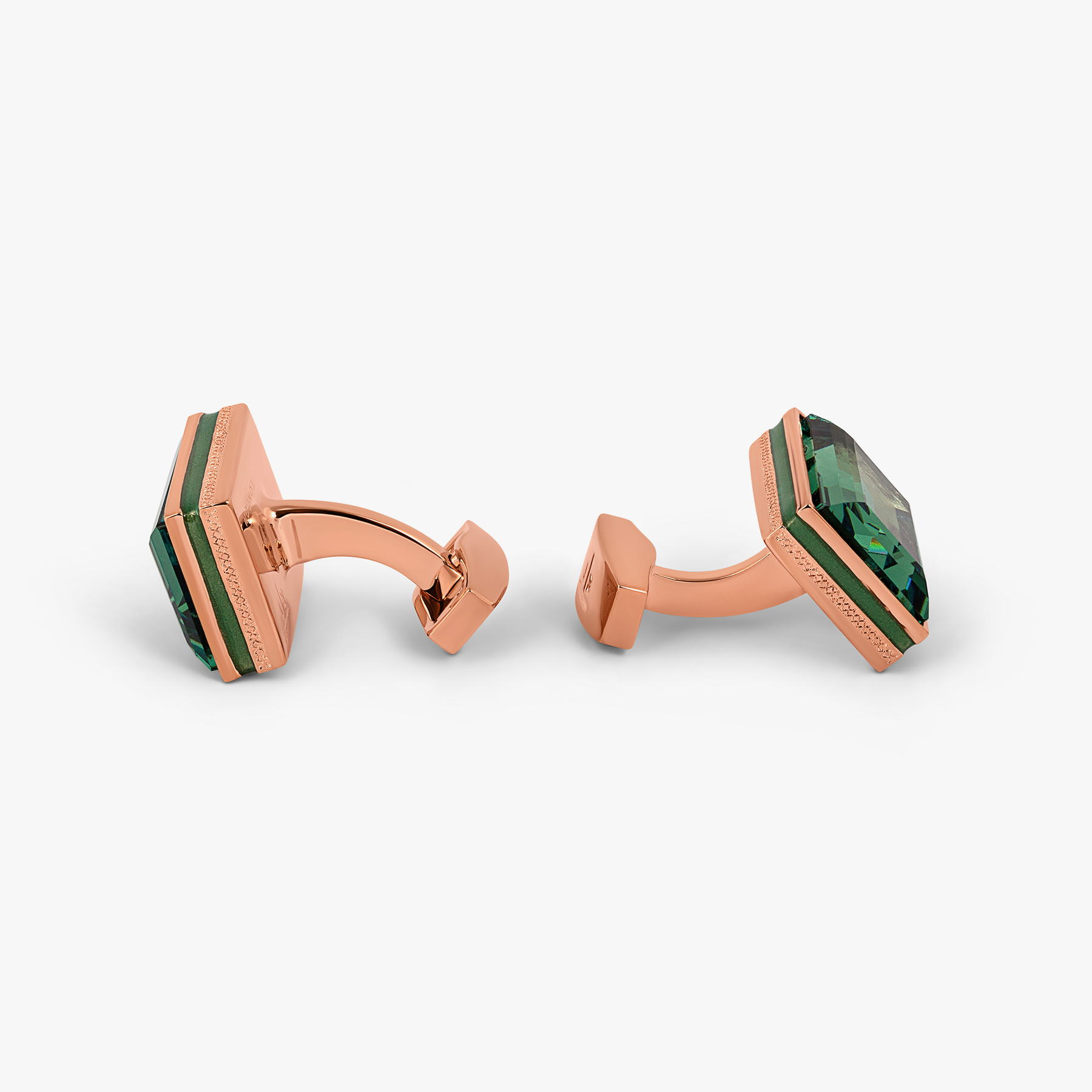Rectangular Erinite cufflinks in green with rose gold plating, featuring emerald-cut crystal and turquoise enamel detail with diamond pattern.