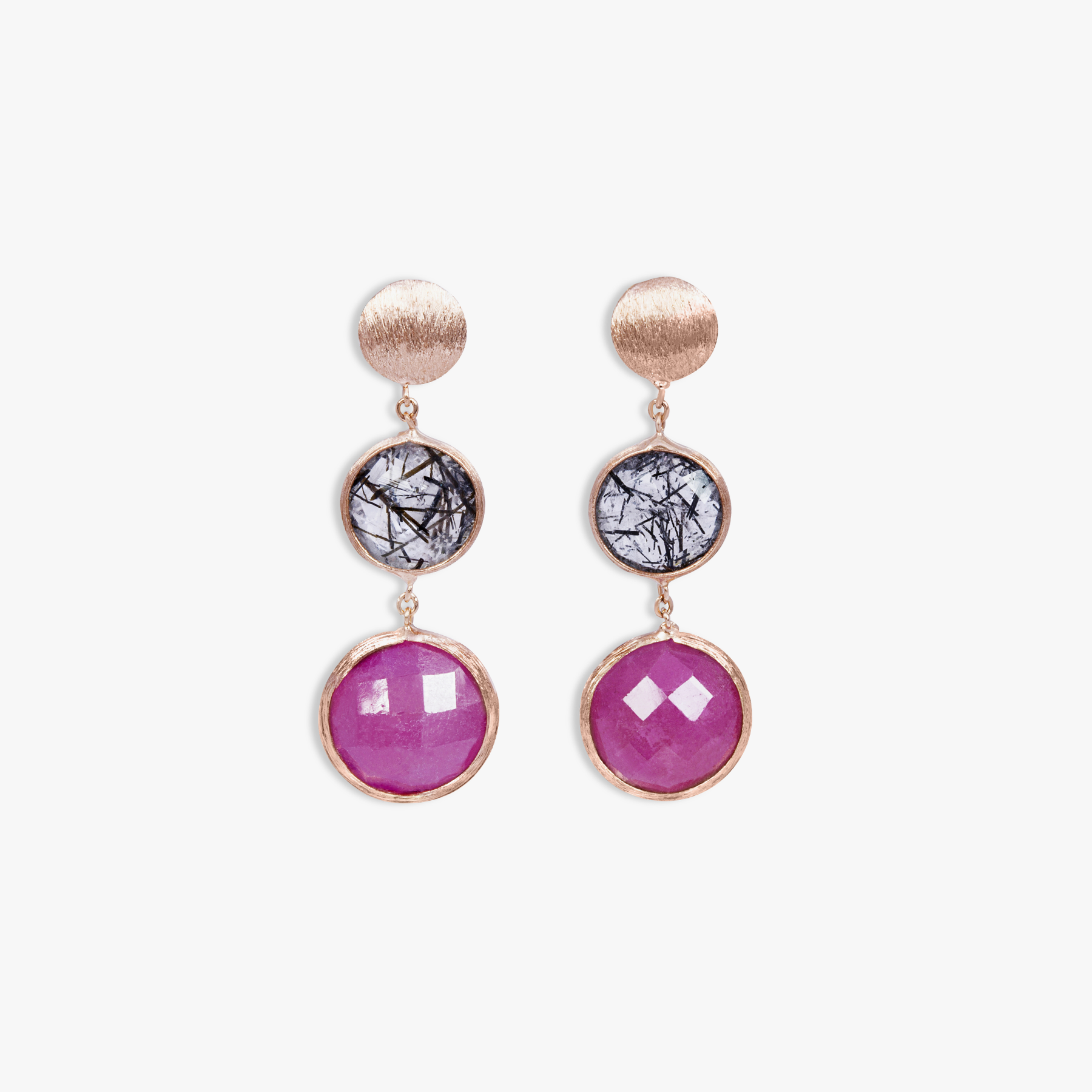 Kensington Drop Earrings 14K Satin Rose Gold Black Rutilated Quartz Ruby Root