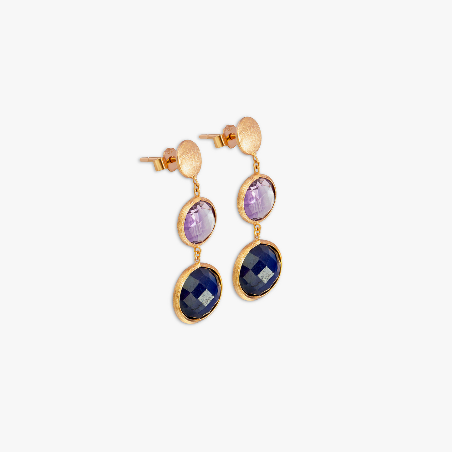 Kensington Double Drop Earrings In 14K Satin Rose Gold with Sapphire and Amethyst