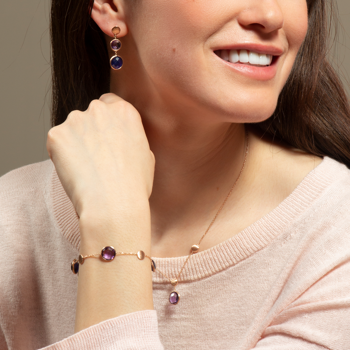 Kensington Double Drop Earrings In 14K Satin Rose Gold with Sapphire and Amethyst