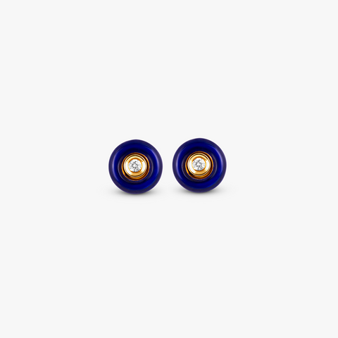 Round Diamond Stud Earrings in 18K Rose Gold with Blue Enamel