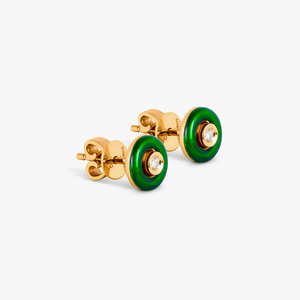Round Diamond Stud Earrings in 18K Rose Gold with Green Enamel