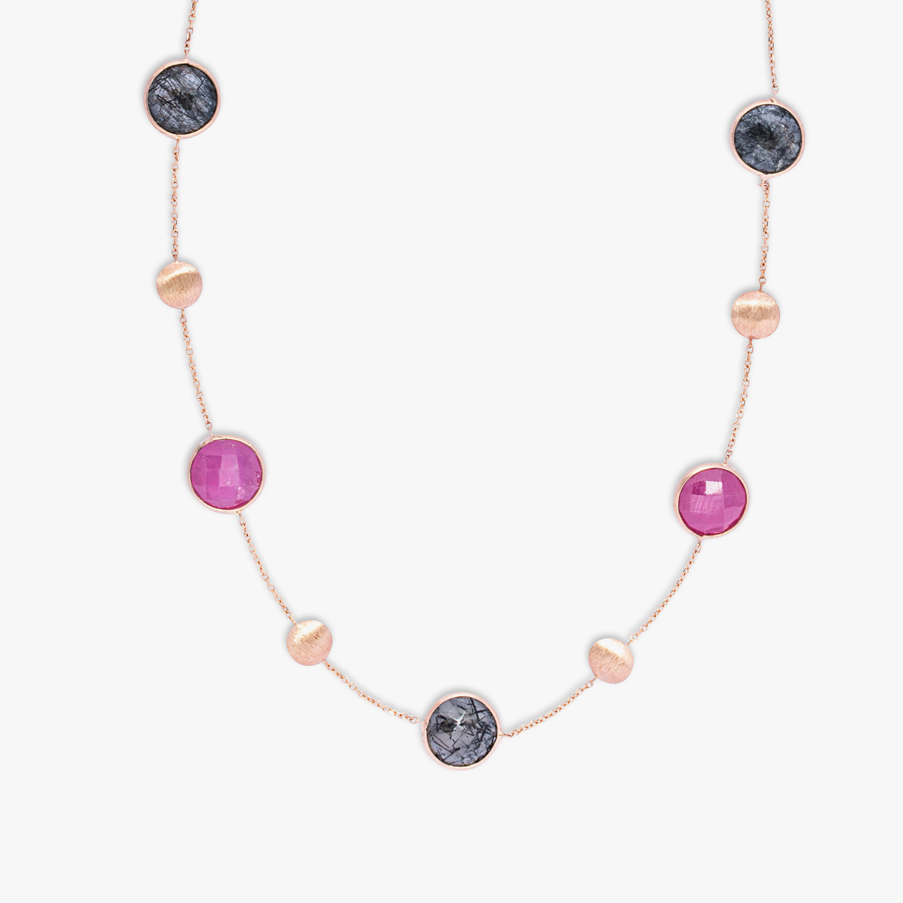 Kensington Necklace 14K Satin Rose Gold Black Rutilated Quartz Ruby Root