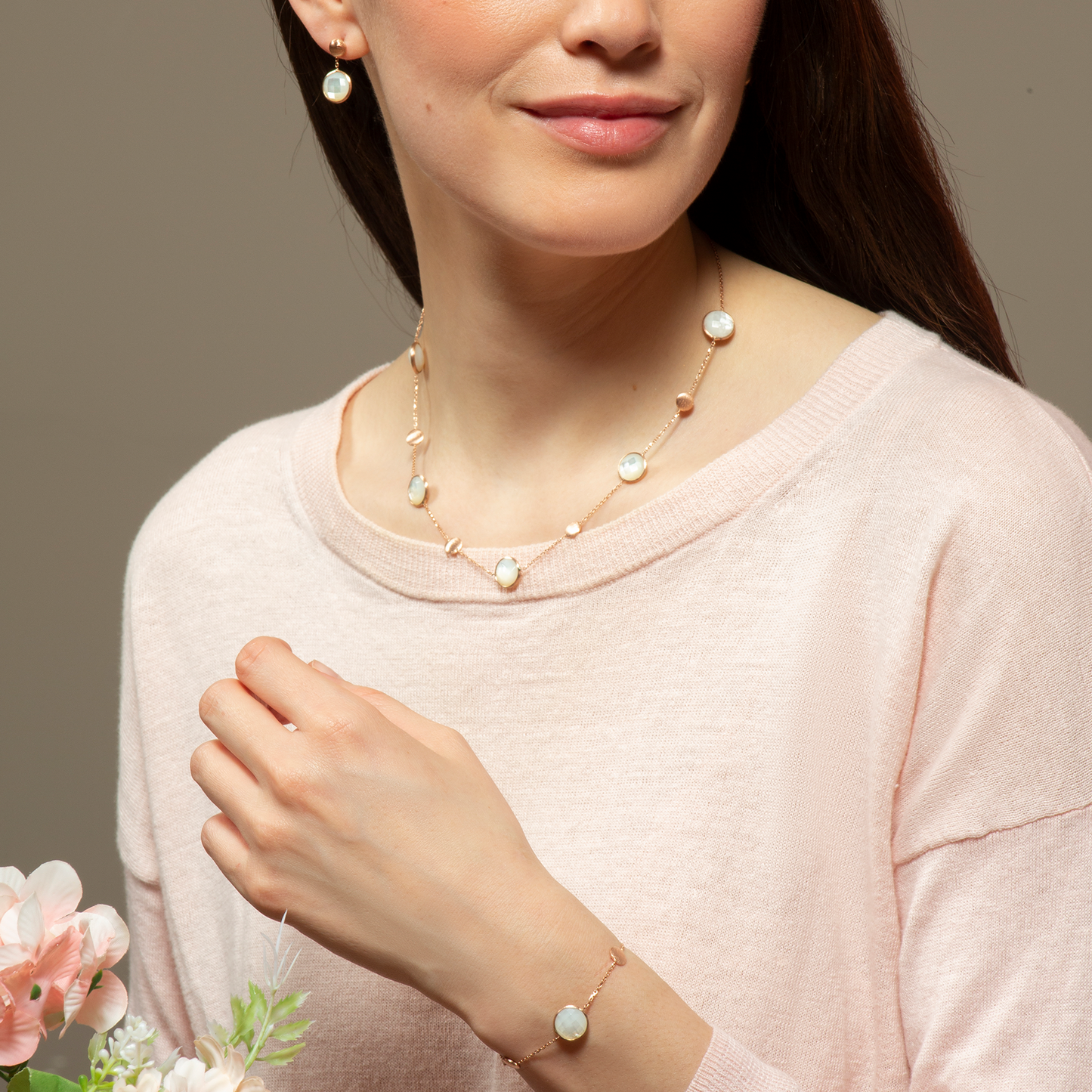 Kensington Double Stone Necklace in 14K Satin Rose Gold with White MOP