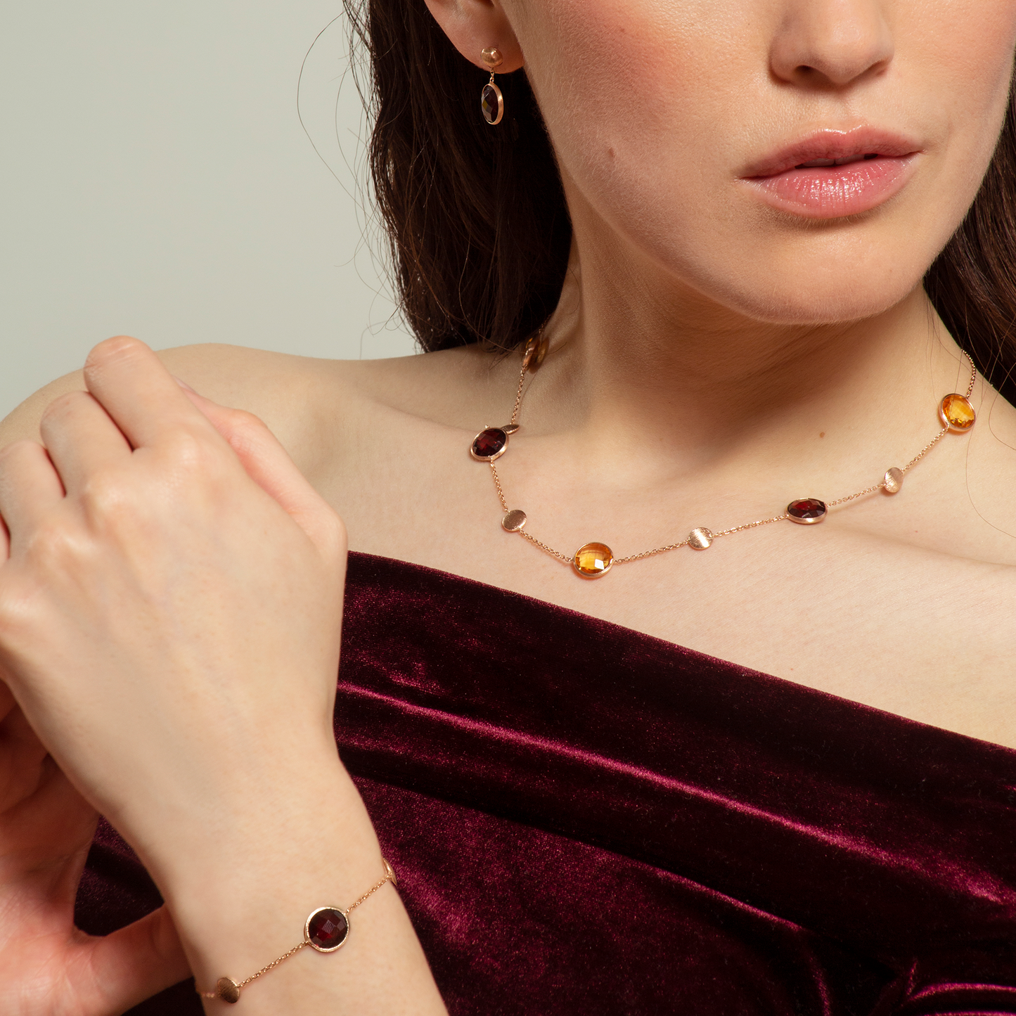 14K satin rose gold Kensington double stone necklace with garnet and citrine