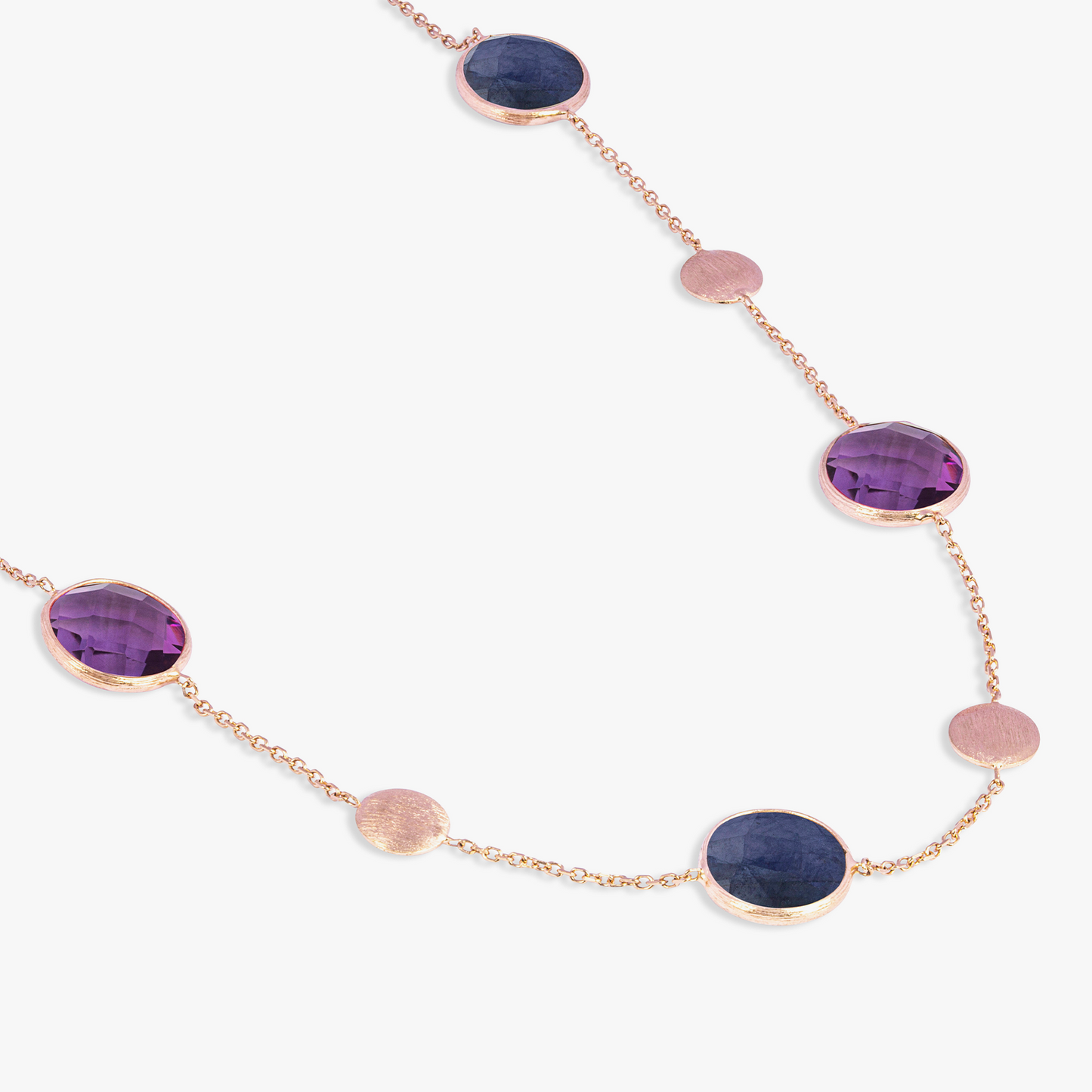 14K satin rose gold Kensington double stone necklace with sapphire and amethyst