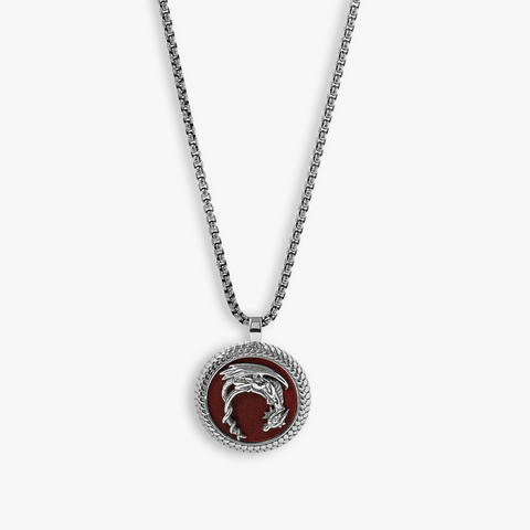 Stainless steel Dragon necklace in burgundy leather