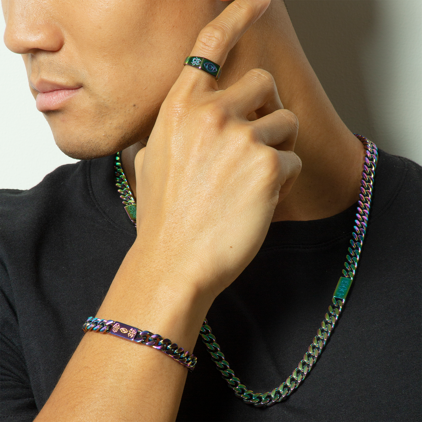 Multi-Colour Iridescent Stainless Steel Kaleidoscope Amulet Necklace in IP Iridescent plated stainle