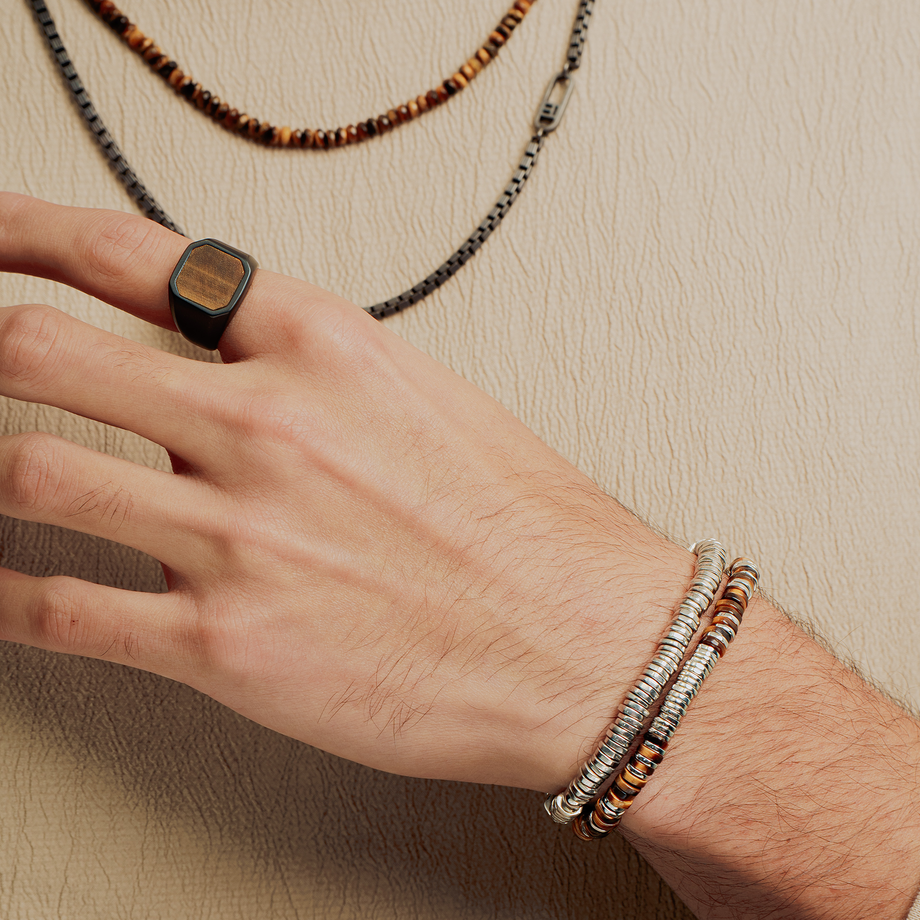 Constellation Beaded Bracelet in Rhodium Plated Sterling Silver with Tiger Eye