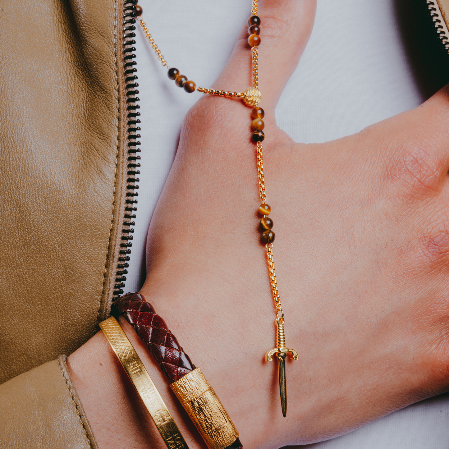 Capri Dagger Rosary Necklace With 18K Yellow Gold Plated Silver & Tiger Eye