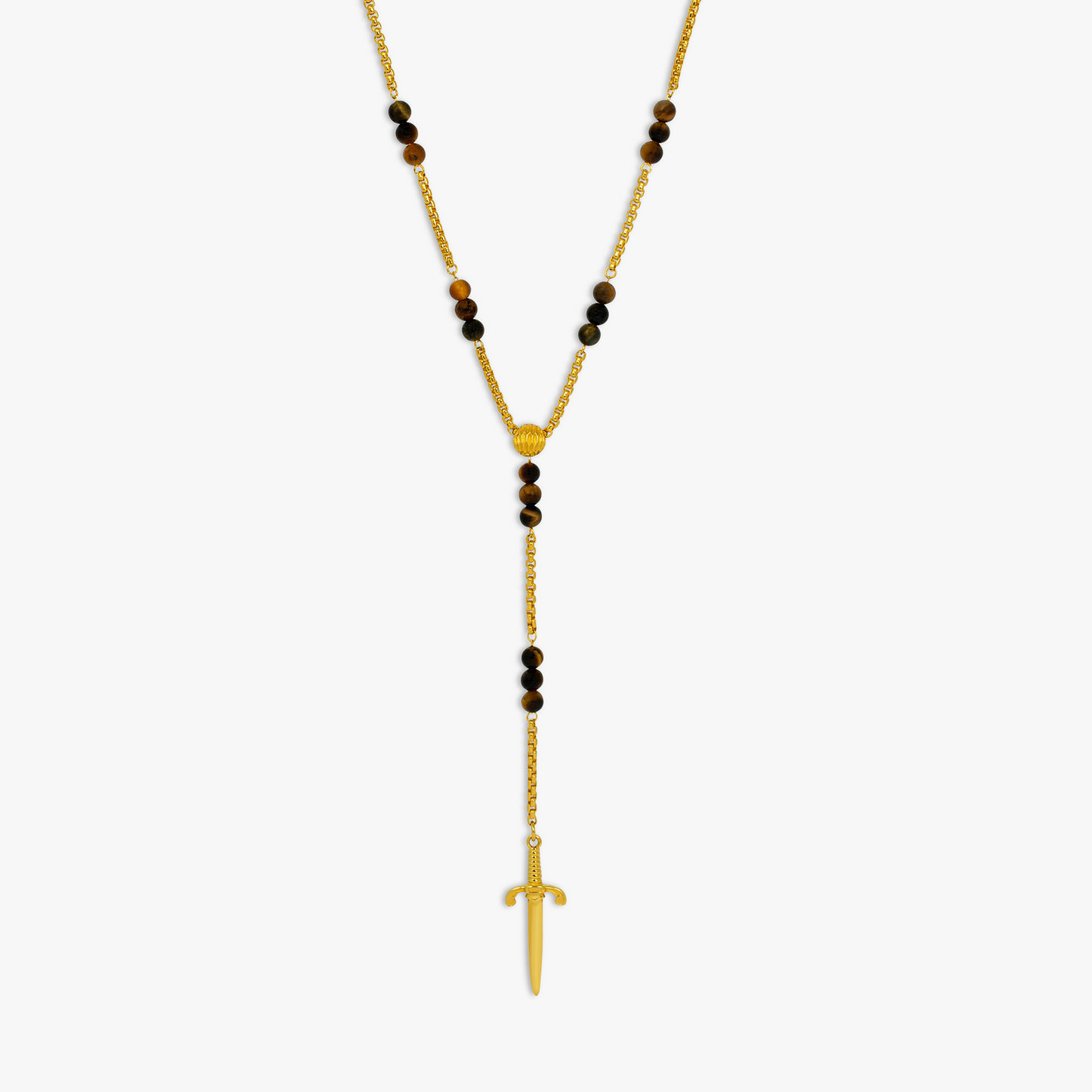 Capri Dagger Rosary Necklace With 18K Yellow Gold Plated Silver & Tiger Eye