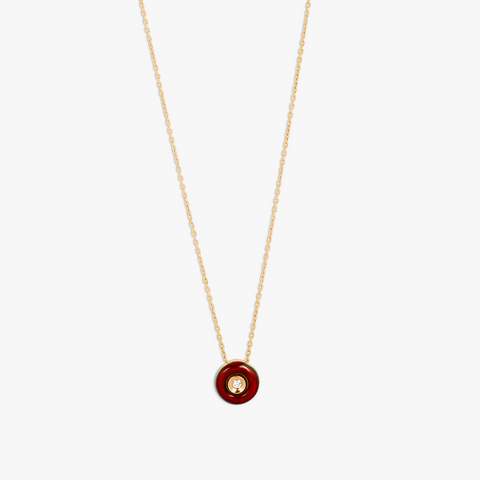 Round Diamond Pendant Necklace in 18K Rose Gold with Red Enamel