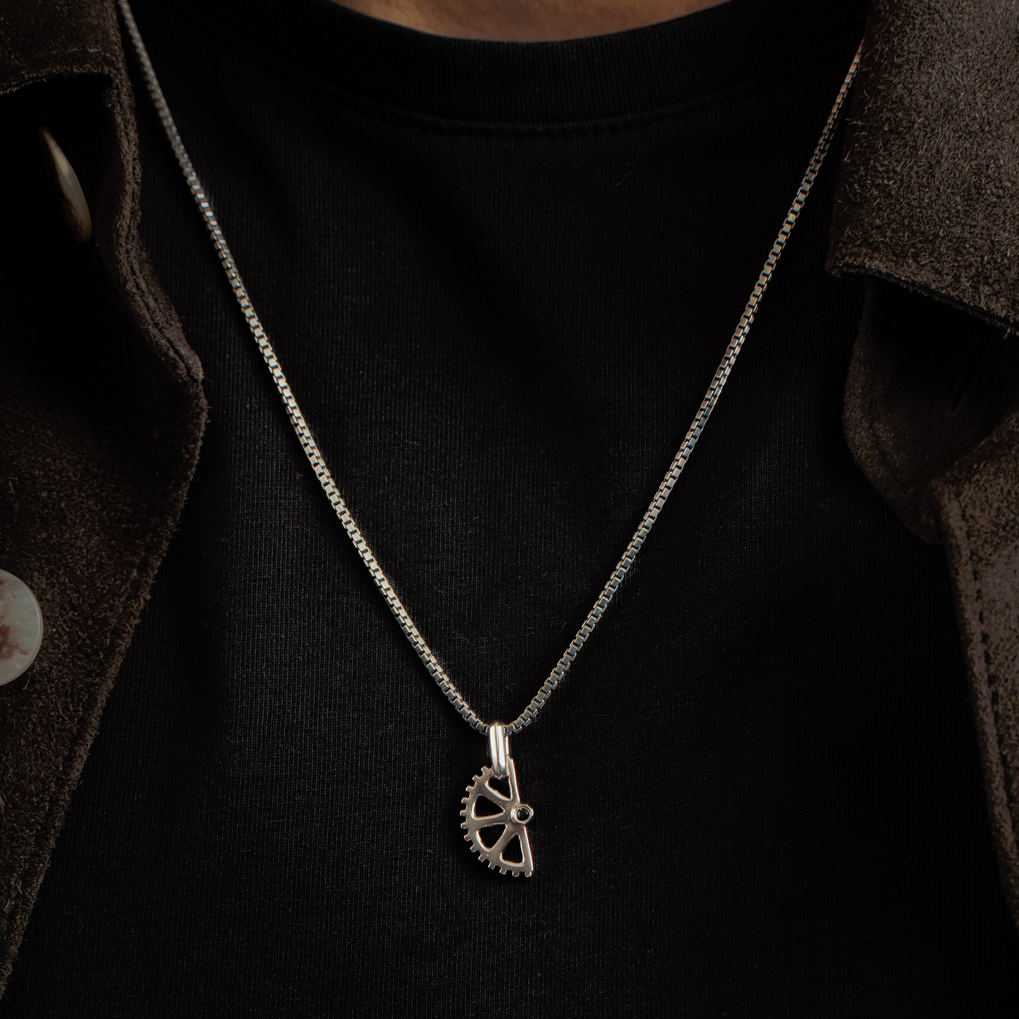 Puzzle Gear Box Chain Necklace in Rhodium Silver