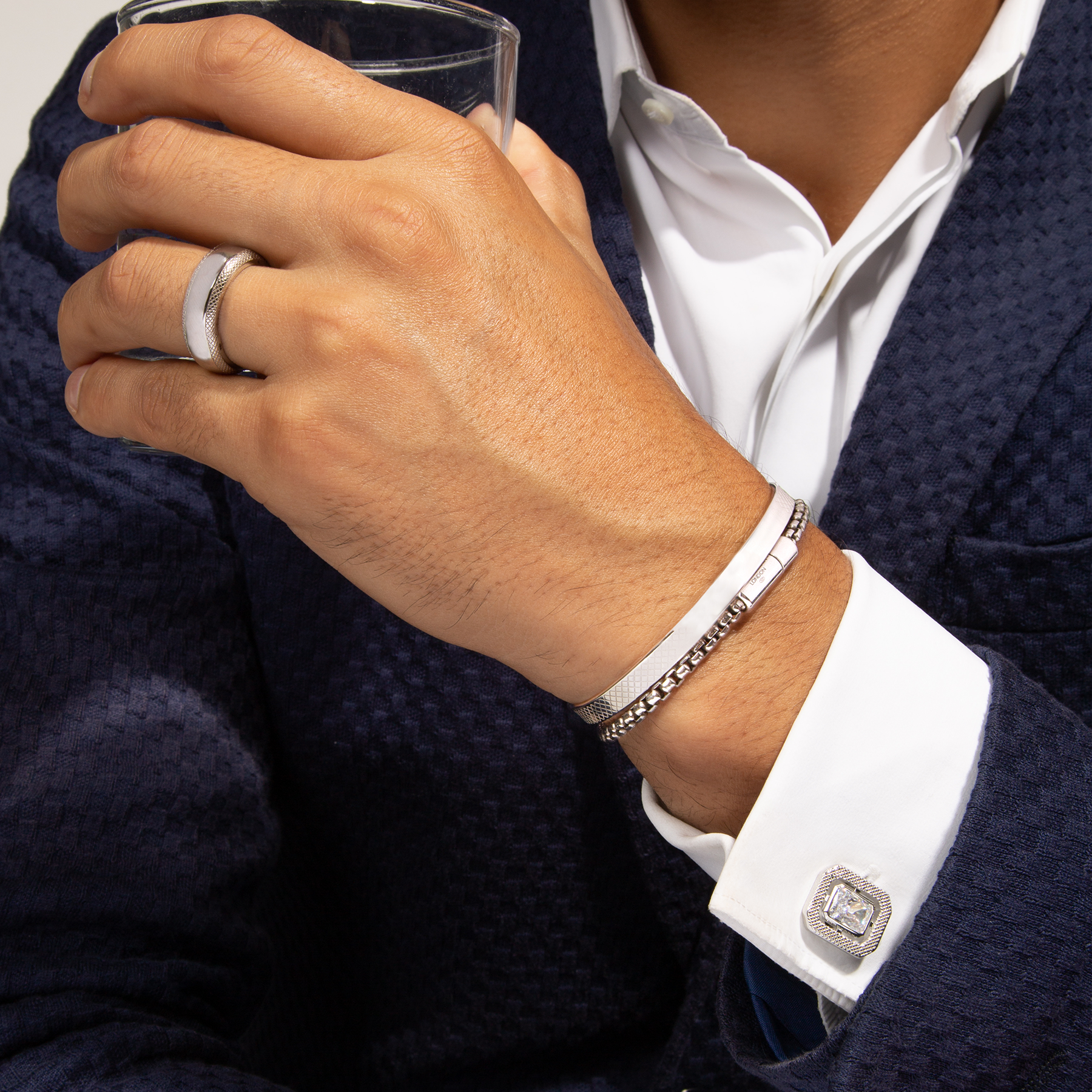 Halo Rectangular Cubic Zirconia Cufflinks in Rhodium Plated