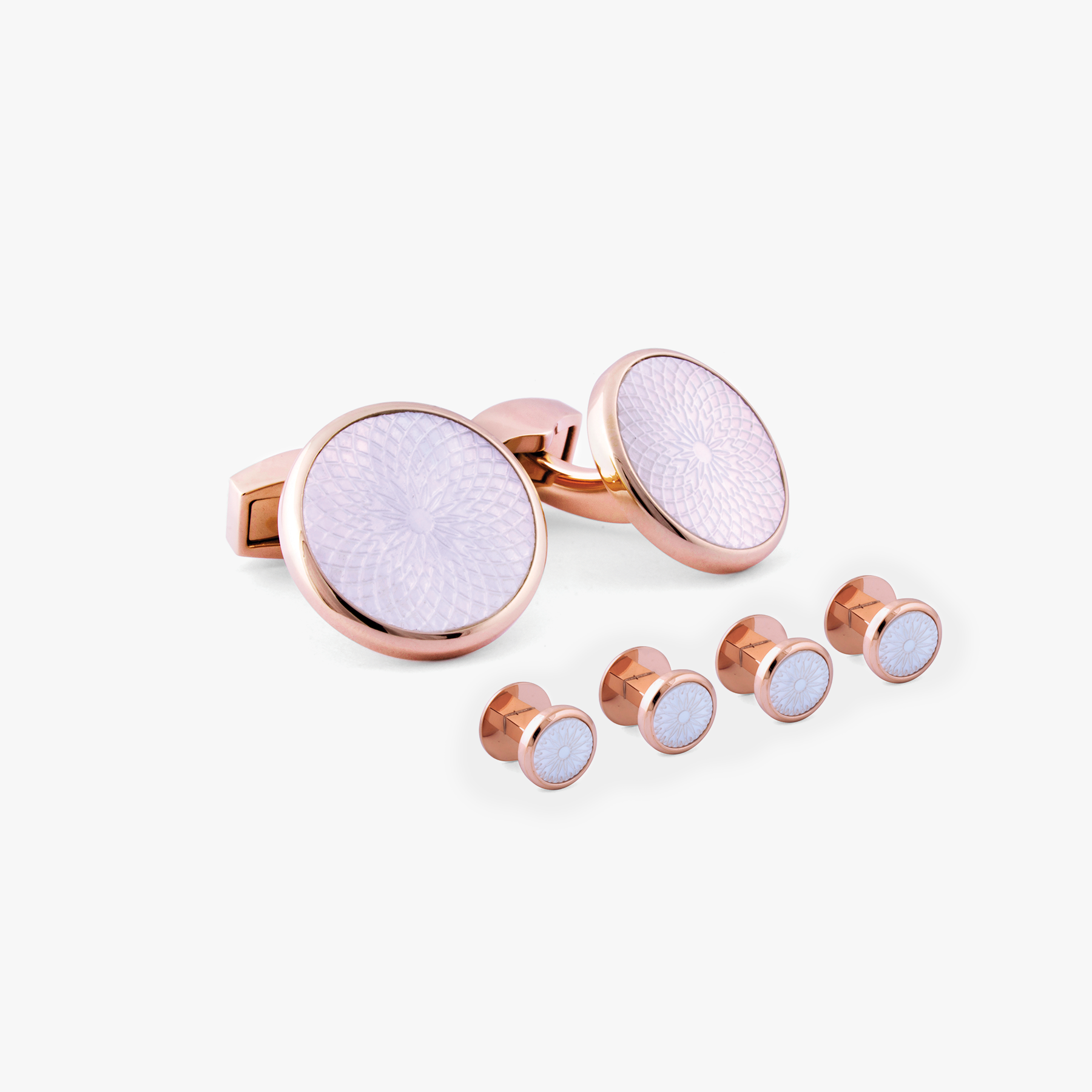 Rotondo Guilloche stud set white mother pearl plated stainless steel