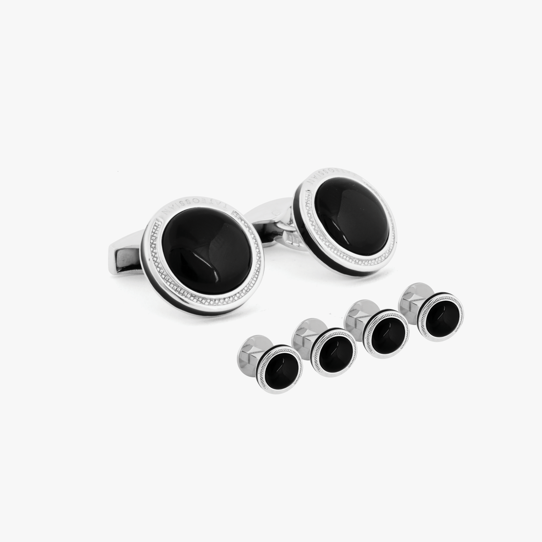 Signature Round Cufflinks Stud Set Rhodium Plated Onyx