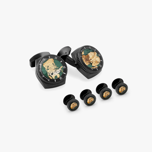 Black IP plated stainless steel Rollo Gold Leaf cufflinks and shirt studs set