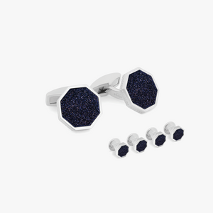 London Eye Cufflinks and Shirt Studs in Rhodium Silver with Blue Goldstone