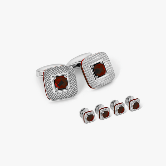 Refratto Cufflink and Shirt Studs in Rhodium Plated Silver with Red Garnet