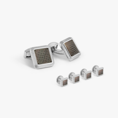 Spazio Square Cufflink and Shirt Studs in Palladium Plated with Black Mother of Pearl