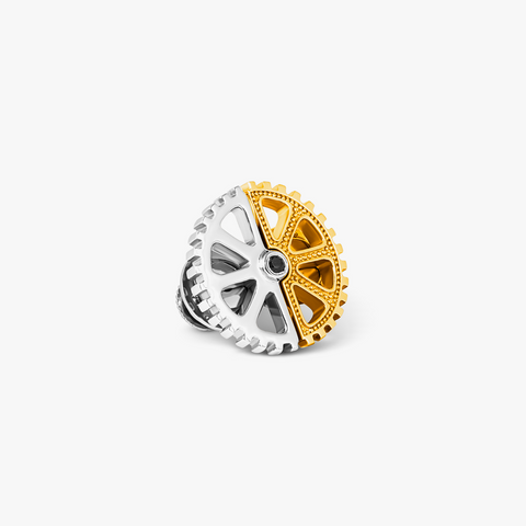Puzzle Gear Pin in Rhodium and Yellow Gold Plated with Black Spinel