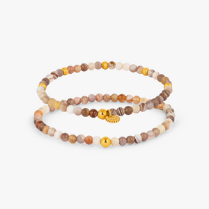 Graffiato Sennit Duo Beaded Bracelet Set in Yellow Gold Plated Silver with Grey Botswana Agate