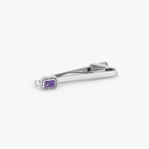 Halo Rectangular Tie Clip in Rhodium Plated with Lavender Cubic Zirconia