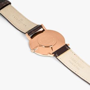Prezioso Leather Watch In Brown With Tiger Eye And Rose Gold Plated Steel