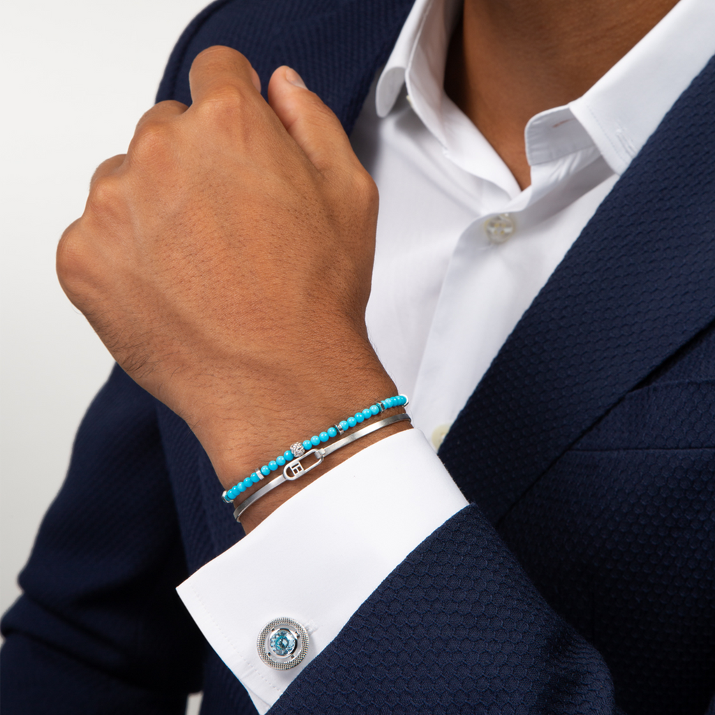 Halo Round CZ Cufflinks With Aquamarine & Rhodium Plated