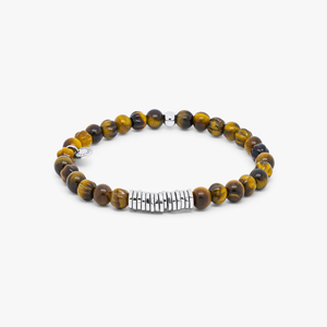 Classic Discs Beaded Bracelet In Rhodium Plated Silver With Brown Tiger Eye