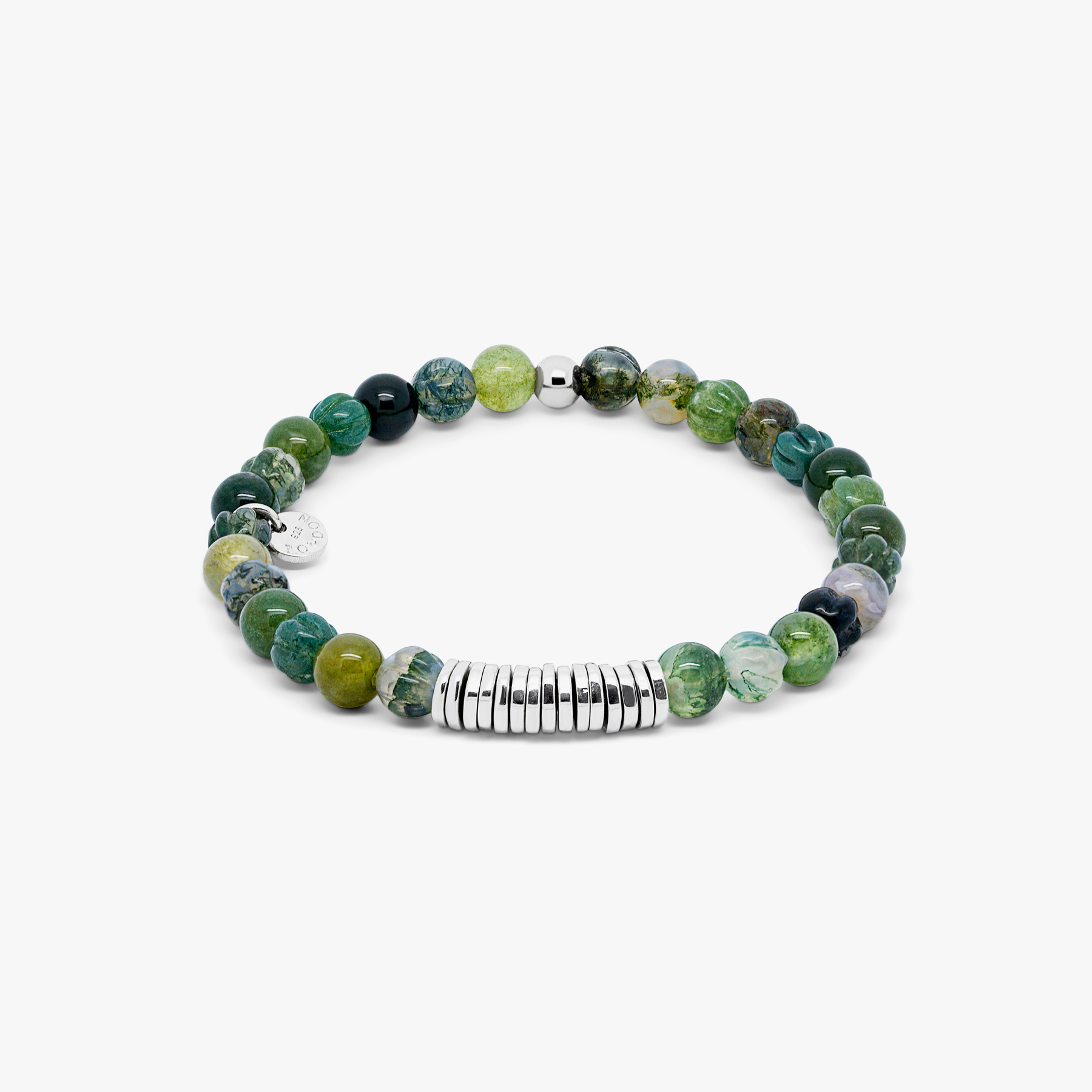 Classic Discs Beaded Bracelet Rhodium Plated Silver Moss Agate