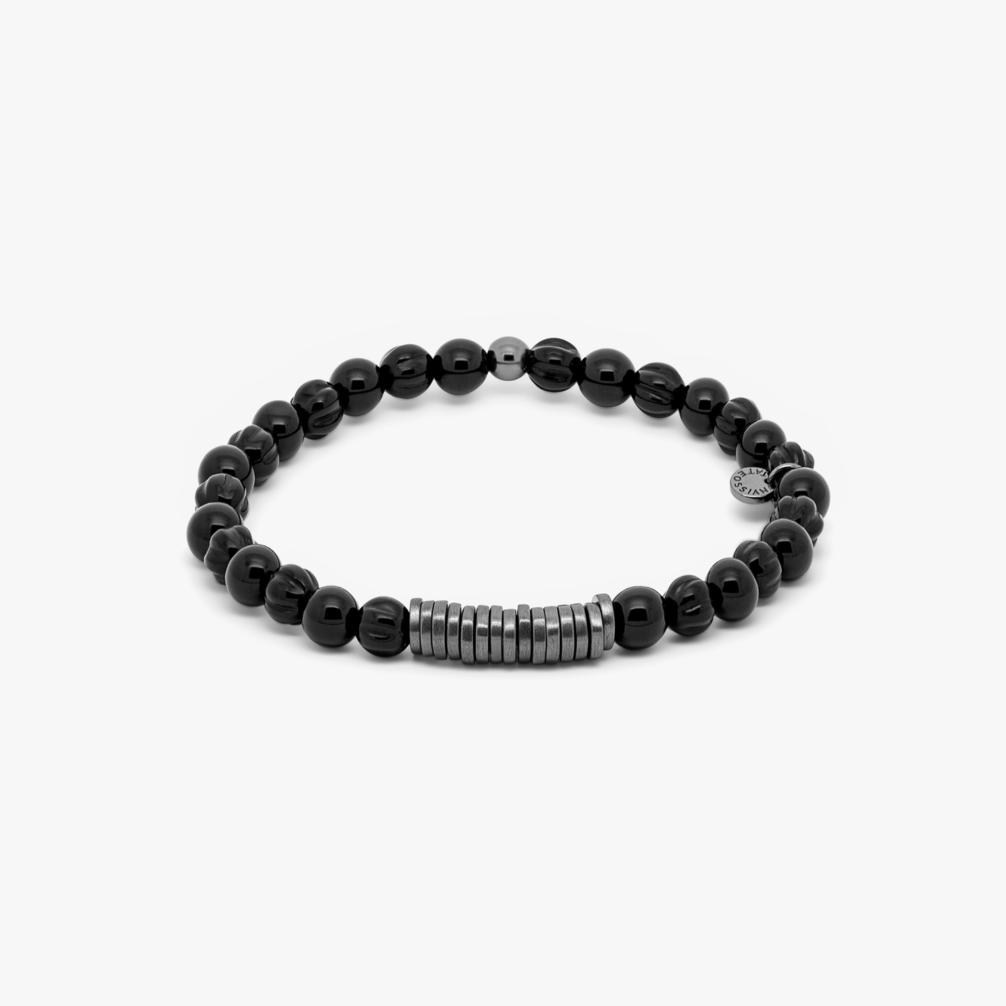 Classic Discs Beaded Bracelet With Black Agate In Black Ruthenium