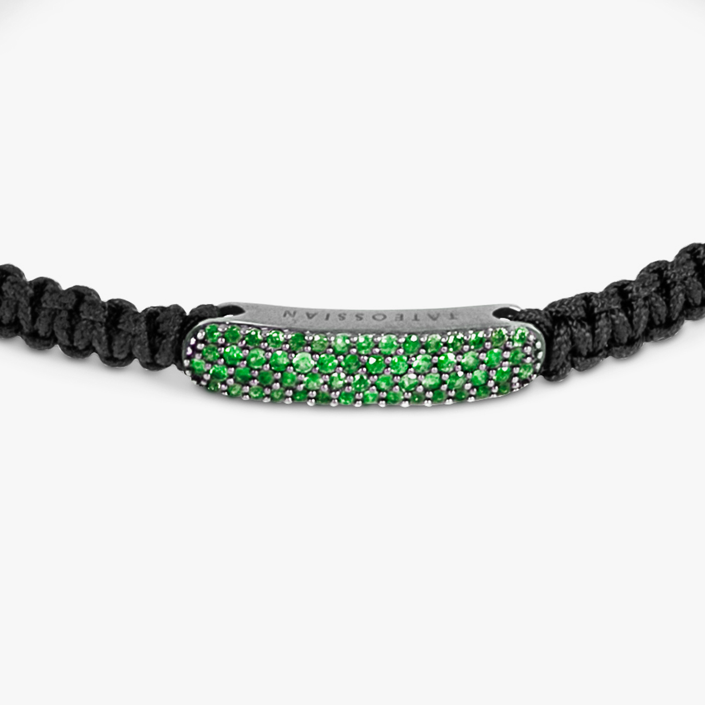 Baton Macrame Bracelet In Ruthenium Plated Silver with Green Emeralds