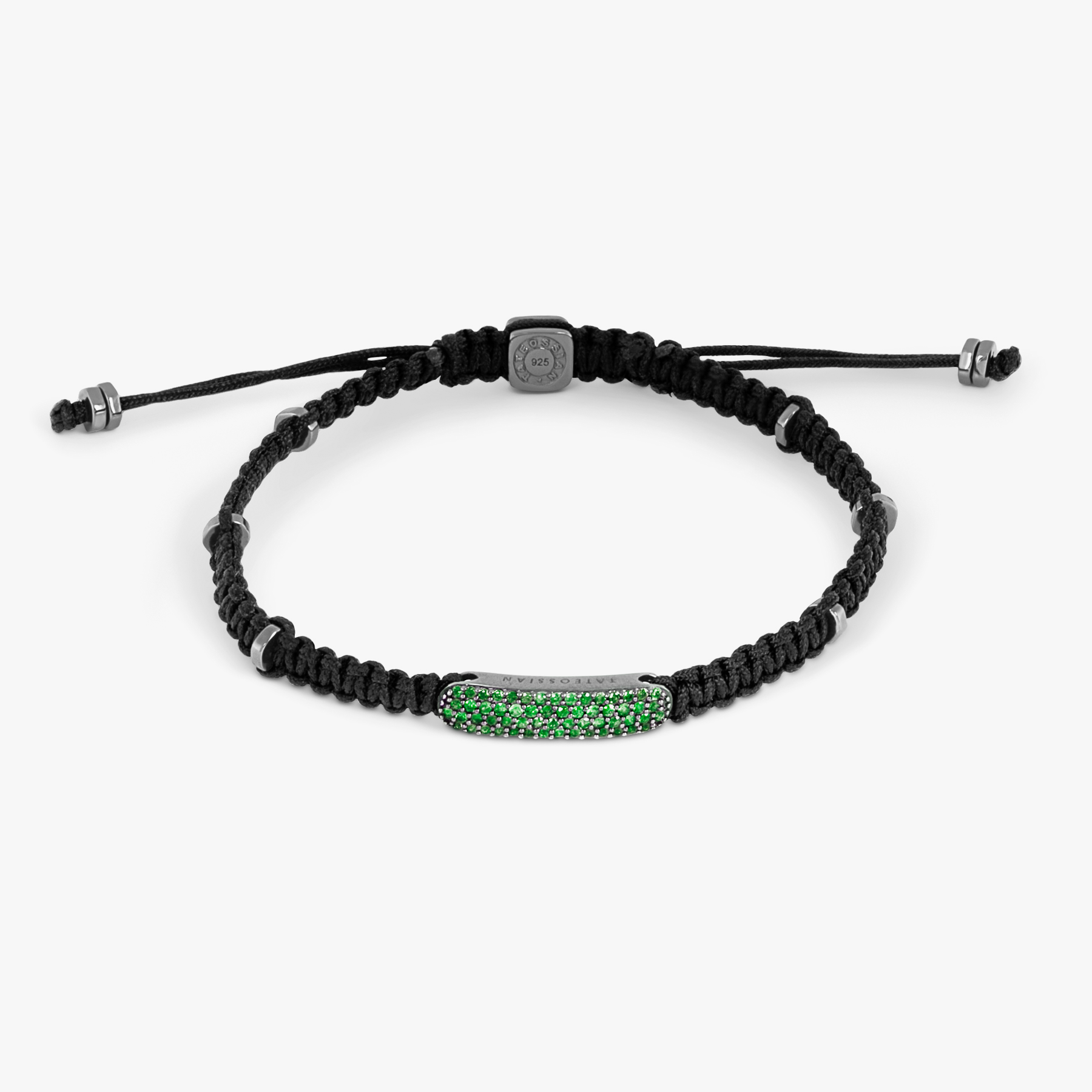 Baton Macrame Bracelet Ruthenium Plated Silver Emeralds