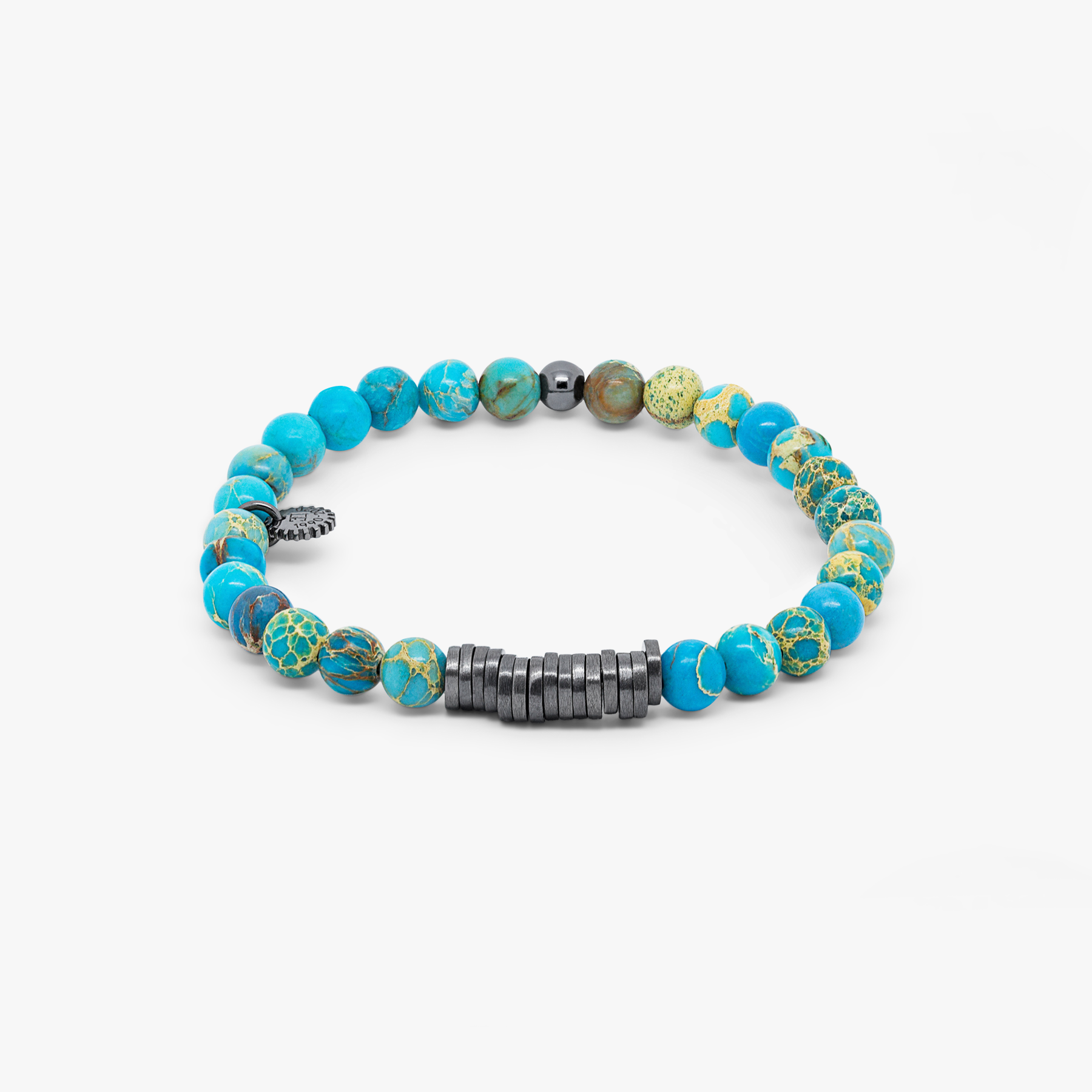 A bracelet with black rhodium plated sterling silver discs and blue Impression Jasper beads, presented against a white background.