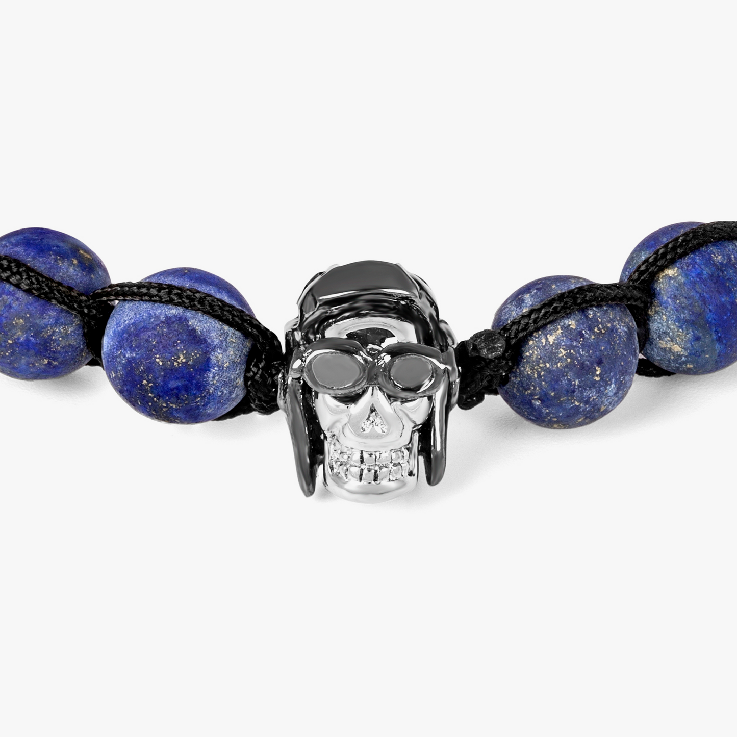 Aviator Skull Bead bracelet with black macrame and lapis in stainless steel