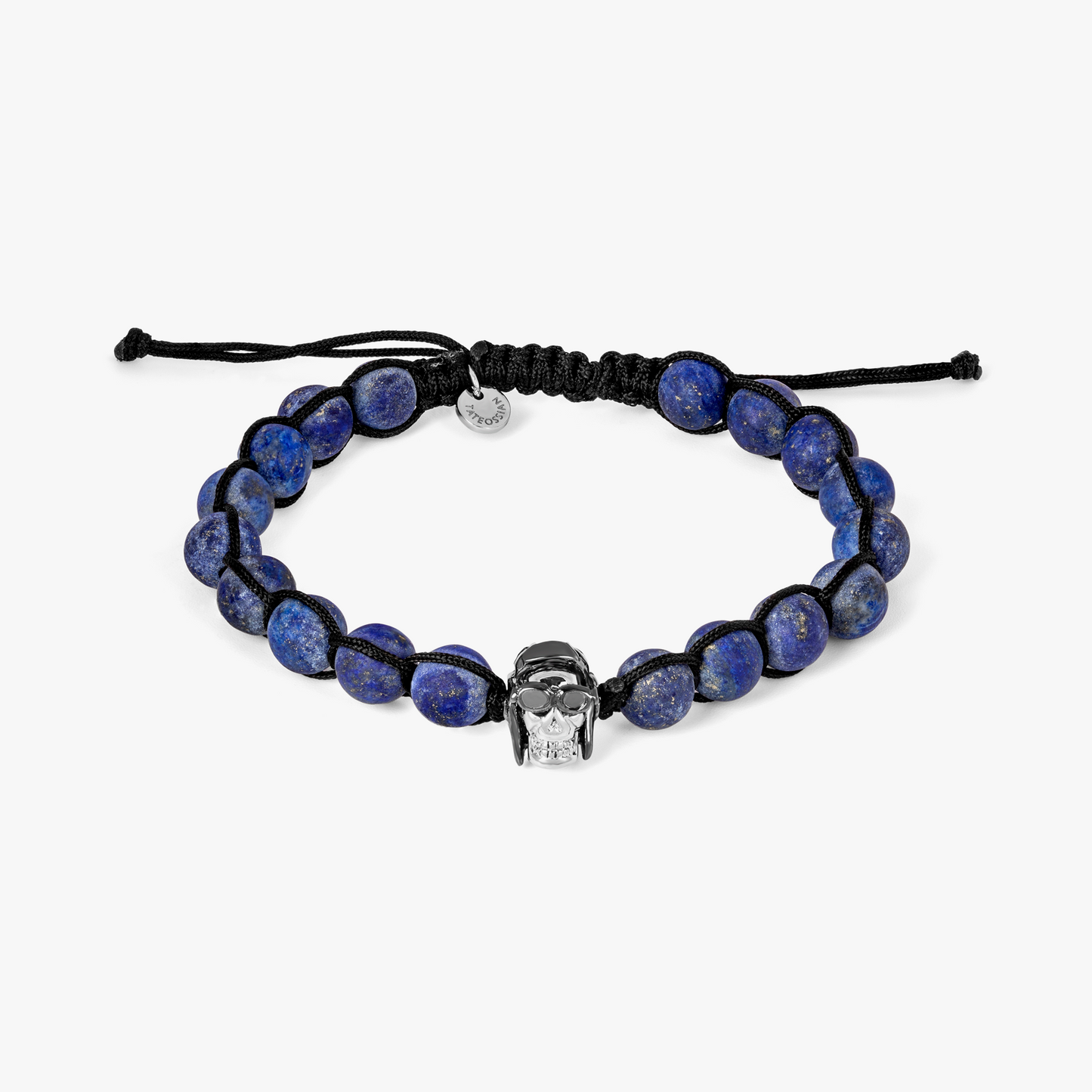 Aviator Skull Bead bracelet with black macrame and lapis in stainless steel