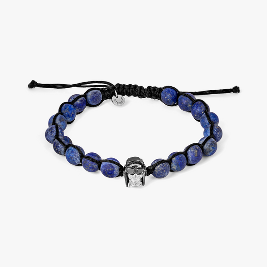 Aviator Skull Bead bracelet with black macrame and lapis in stainless steel