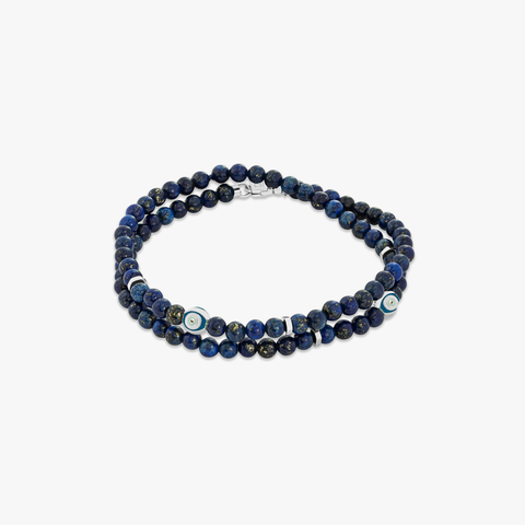 Rhodium plated sterling silver Evil Eye double wrap bracelet with lapis