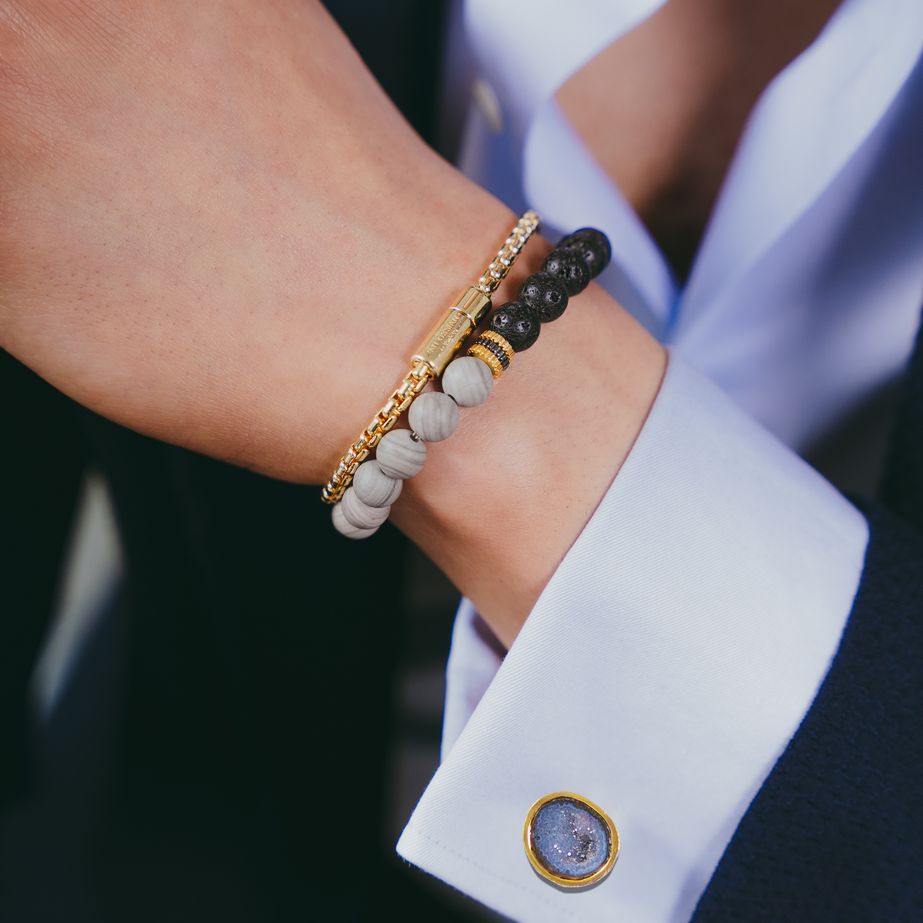 Gear Trio Beaded Bracelet In 18K Yellow Gold Plated Silver With Lava Beads & Grey Wood Jasper