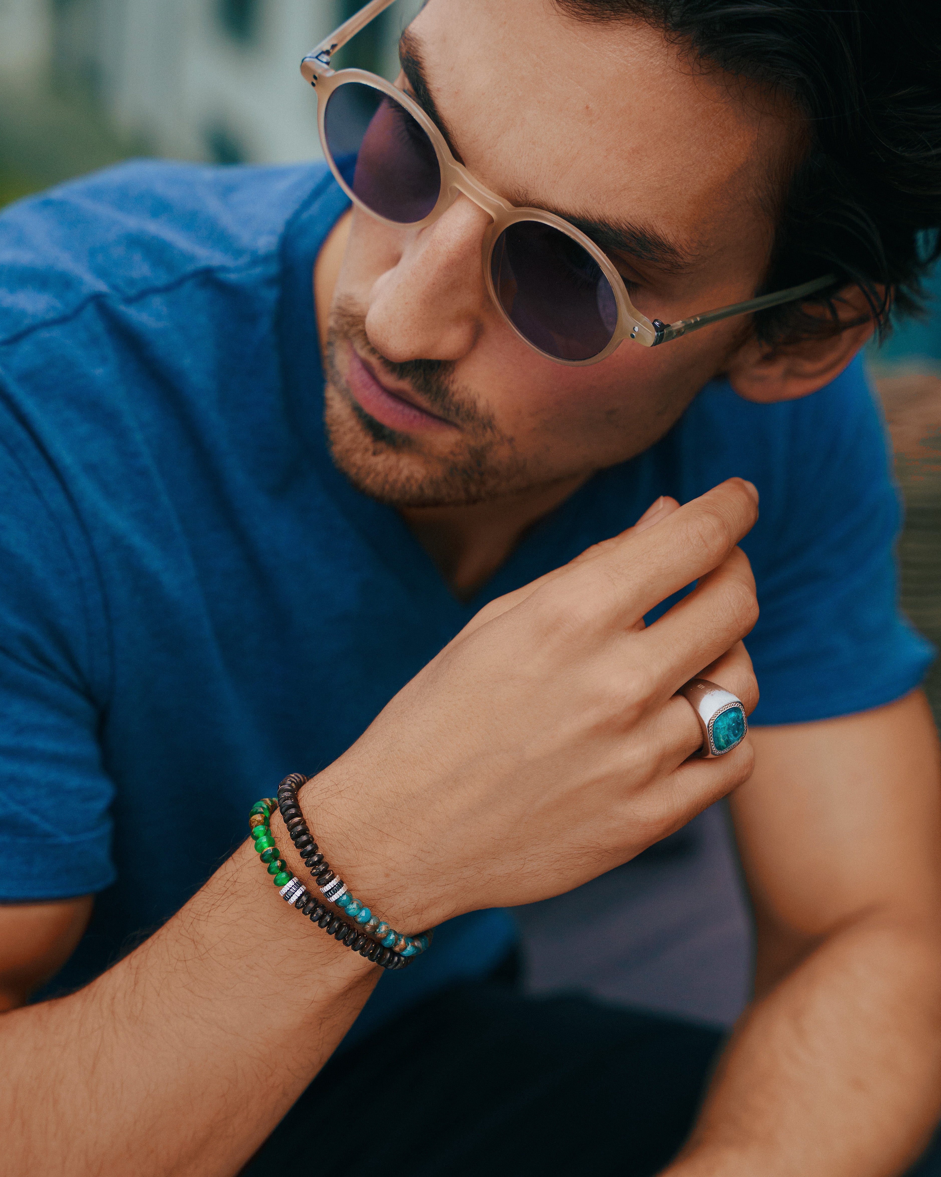 Nepal Gear Trio Beaded Bracelet In Rhodium Plated Silver With Blue Jasper & Coconut Wood 