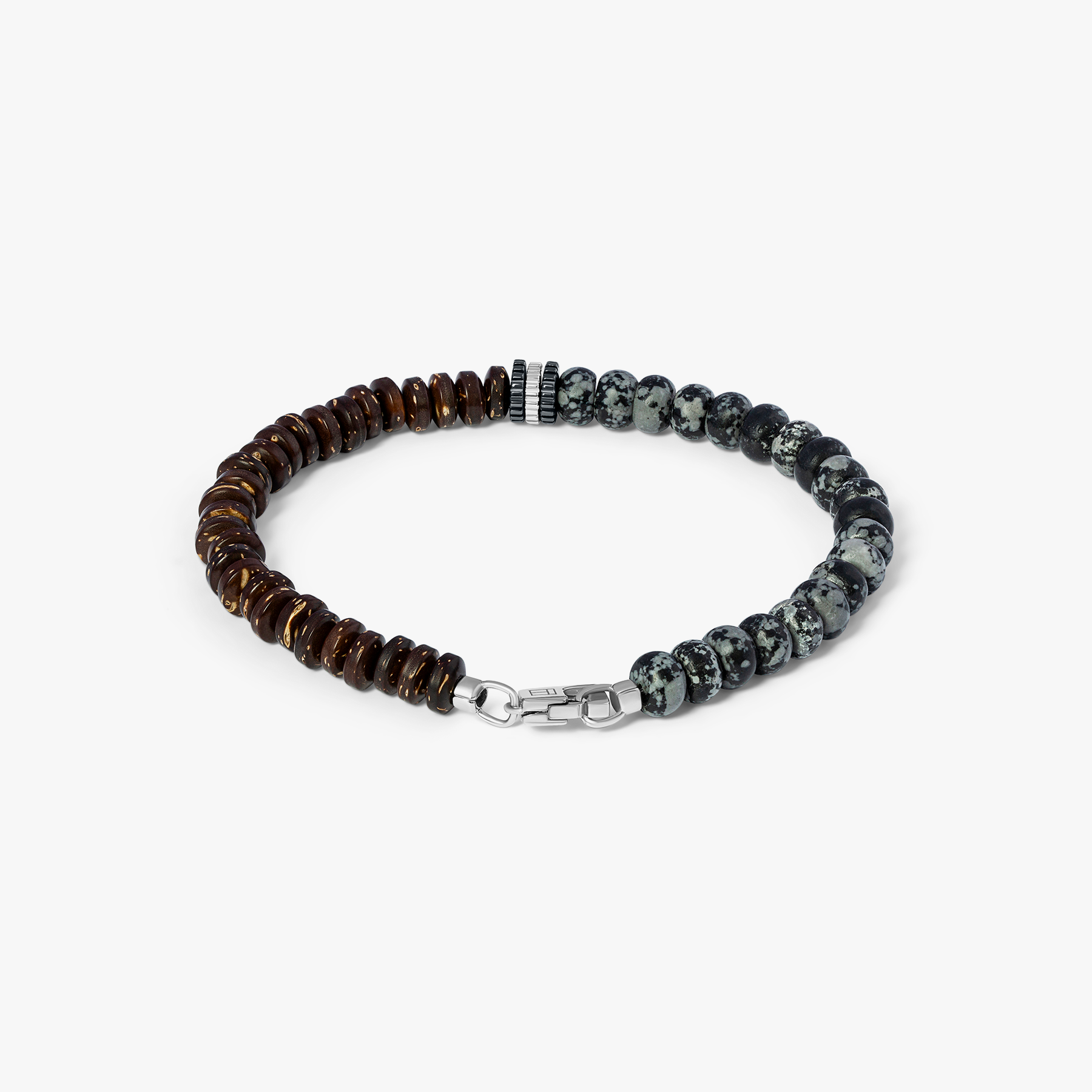 Nepal Gear Trio Beaded Bracelet In Rhodium Plated Silver With Snowflake Obsidian & Coconut Wood 