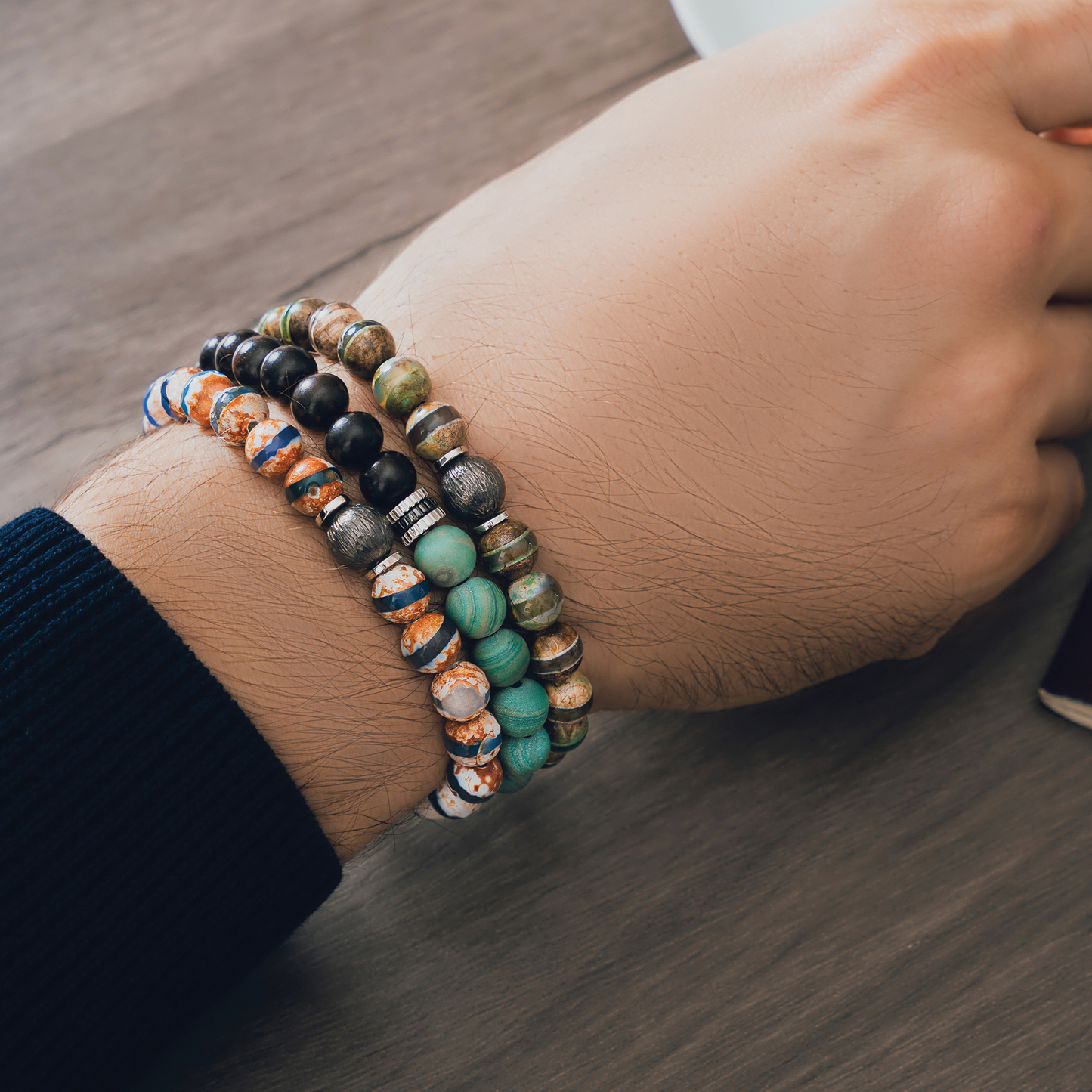 Gear Trio Beaded Bracelet With Ebony & Green Wood Jasper