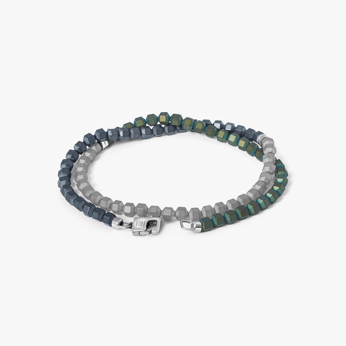 Green Rhodium Plated Silver Icosahedron Hematite Discs Bracelet